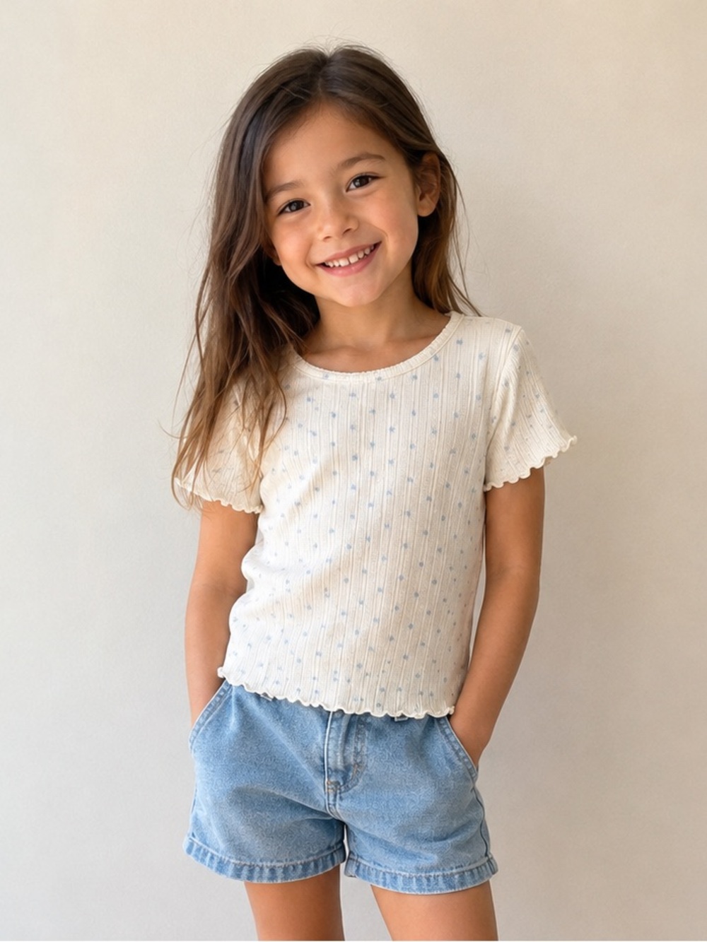 NWOT Girls Ribbed Ruffle Tee White Blue Floral/Dot Print Size 6Y